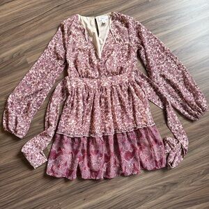 Floral Tiered Long Sleeve Dress in Dusty Rose